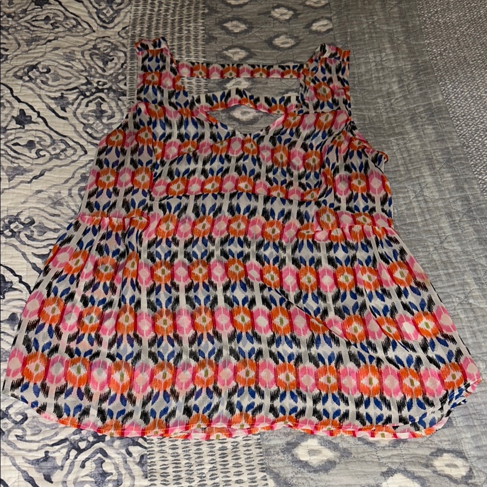 Daniel Rainn Blue and Pink Pleated Cut Out Tank Top